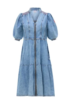 Women Scamp & Dude Pale Indigo Zip Detail Tiered Short Denim Dress