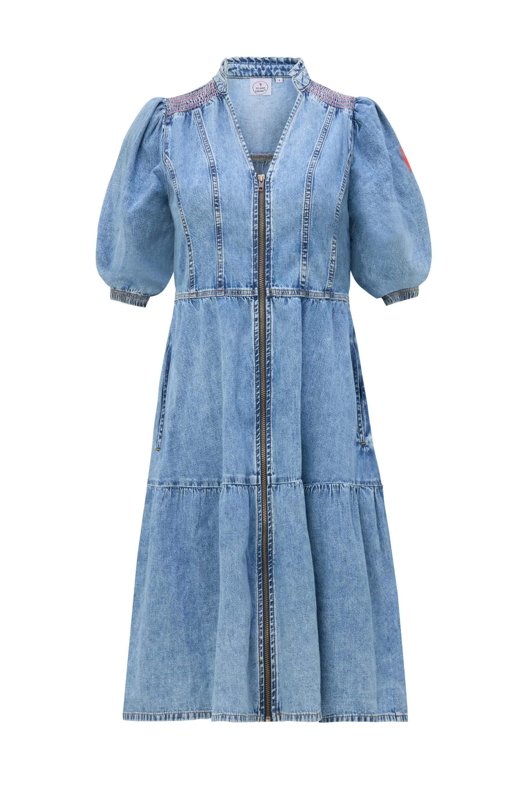 Women Scamp & Dude Pale Indigo Zip Detail Tiered Short Denim Dress