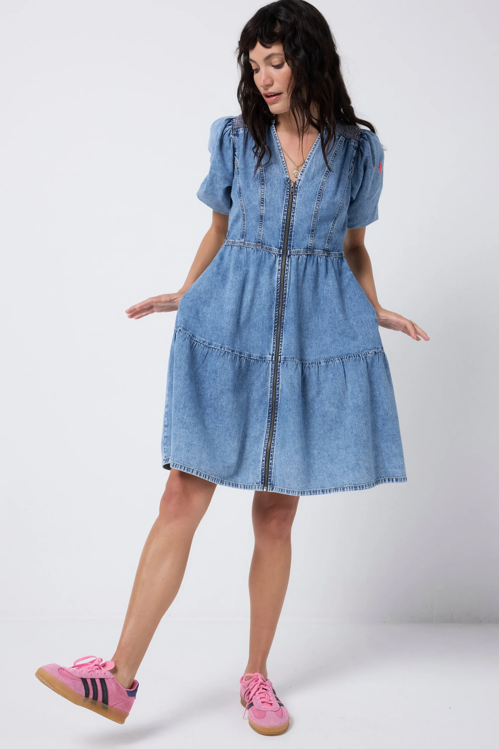 Women Scamp & Dude Pale Indigo Zip Detail Tiered Short Denim Dress