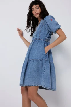 Women Scamp & Dude Pale Indigo Zip Detail Tiered Short Denim Dress