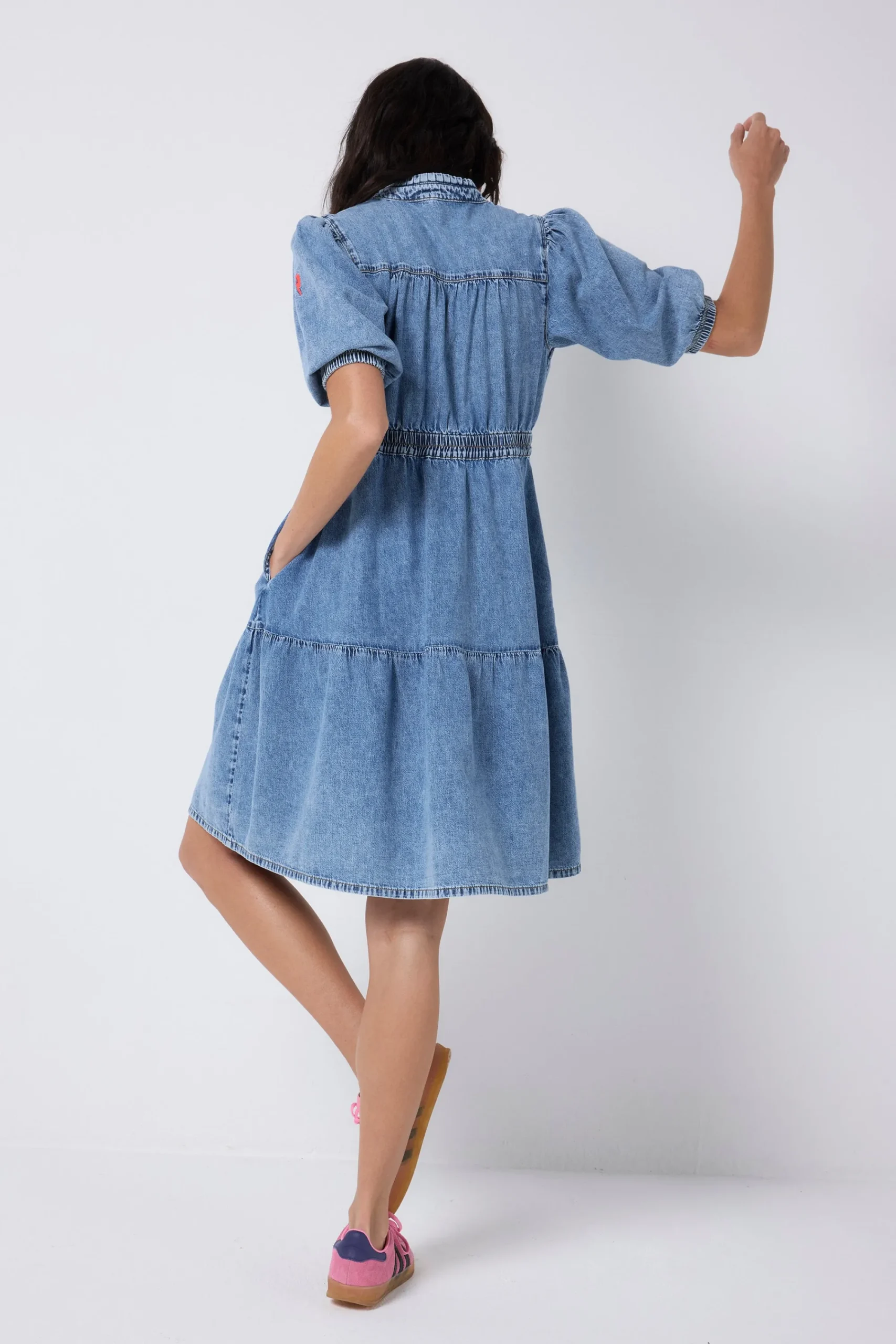 Women Scamp & Dude Pale Indigo Zip Detail Tiered Short Denim Dress