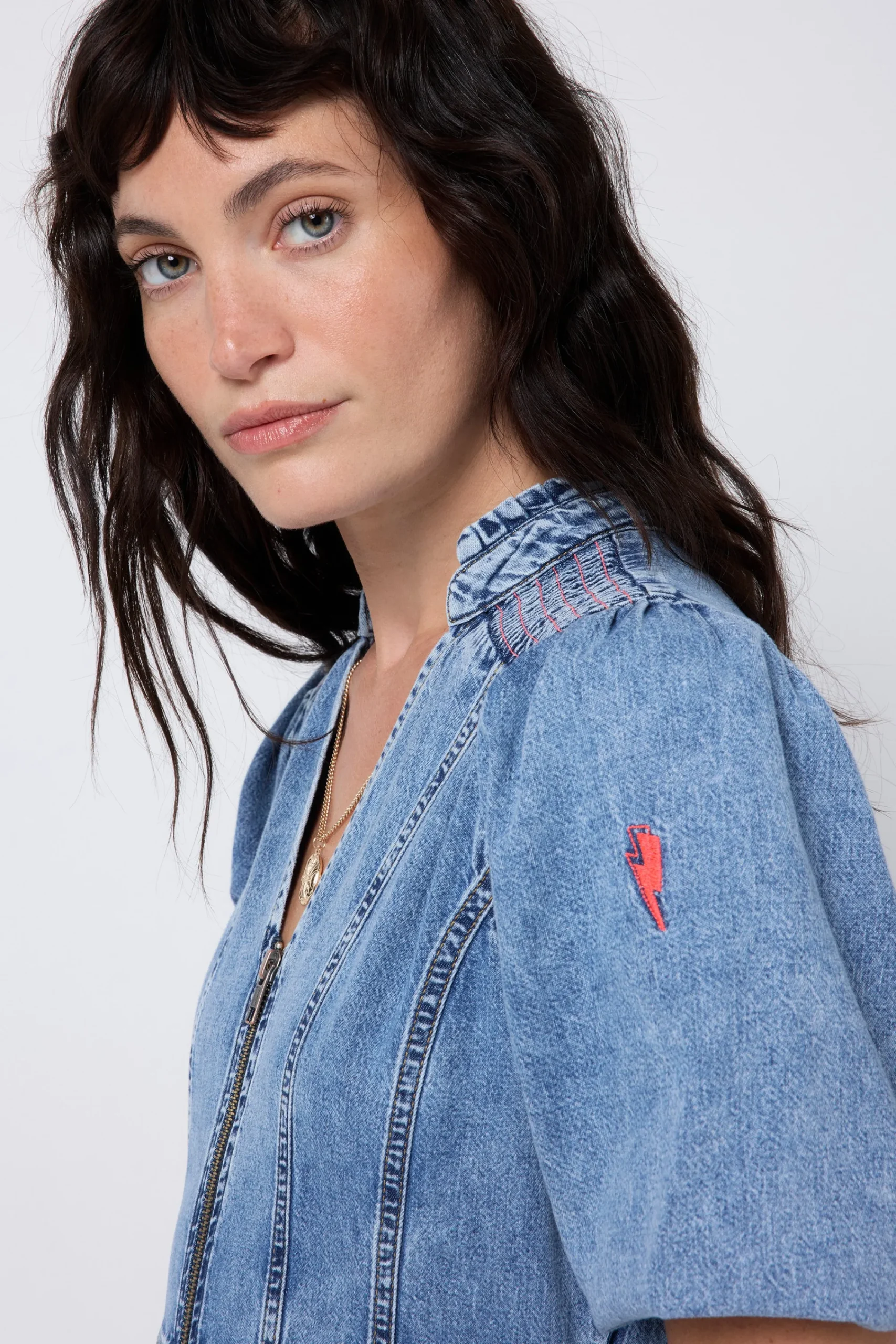 Women Scamp & Dude Pale Indigo Zip Detail Tiered Short Denim Dress