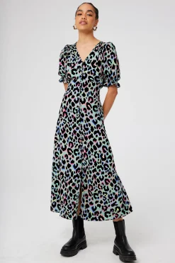 Women Scamp & Dude Pale Khaki with Rainbow Shadow Leopard Flute Sleeve Midi Tea Dress