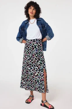 Women Scamp & Dude Pale Khaki with Rainbow Shadow Leopard Split Front Skirt