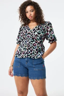 Women Scamp & Dude Pale Khaki with Rainbow Shadow Leopard Button Through Blouse