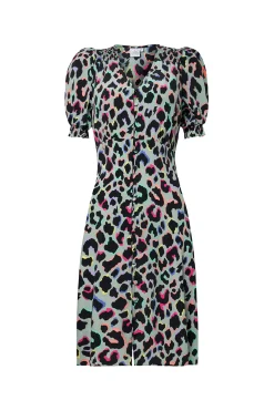 Women Scamp & Dude Pale Khaki with Rainbow Shadow Leopard Short Tea Dress