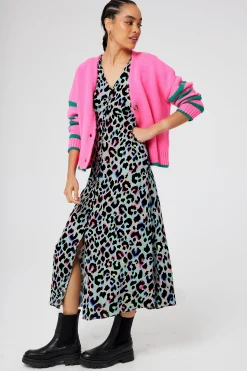 Women Scamp & Dude Pale Khaki with Rainbow Shadow Leopard Flute Sleeve Midi Tea Dress