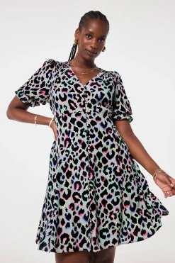 Women Scamp & Dude Pale Khaki with Rainbow Shadow Leopard Short Tea Dress