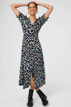 Women Scamp & Dude Pale Khaki with Rainbow Shadow Leopard Flute Sleeve Midi Tea Dress