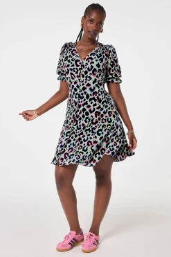 Women Scamp & Dude Pale Khaki with Rainbow Shadow Leopard Short Tea Dress