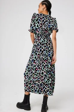 Women Scamp & Dude Pale Khaki with Rainbow Shadow Leopard Flute Sleeve Midi Tea Dress