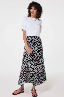 Women Scamp & Dude Pale Khaki with Rainbow Shadow Leopard Split Front Skirt