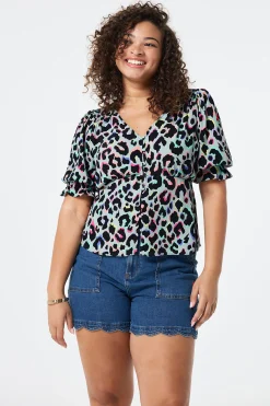 Women Scamp & Dude Pale Khaki with Rainbow Shadow Leopard Button Through Blouse