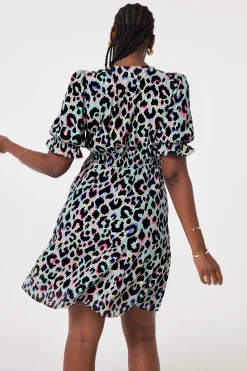 Women Scamp & Dude Pale Khaki with Rainbow Shadow Leopard Short Tea Dress