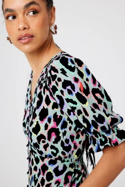 Women Scamp & Dude Pale Khaki with Rainbow Shadow Leopard Flute Sleeve Midi Tea Dress