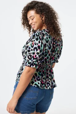 Women Scamp & Dude Pale Khaki with Rainbow Shadow Leopard Button Through Blouse
