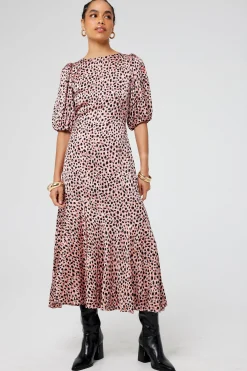 Women Scamp & Dude Pink and Gold Foil Spot Cheetah Puff Sleeve Midi Dress