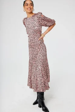 Women Scamp & Dude Pink and Gold Foil Spot Cheetah Puff Sleeve Midi Dress
