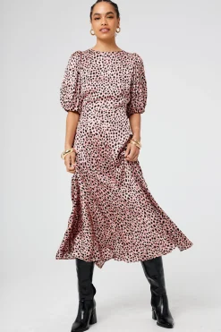 Women Scamp & Dude Pink and Gold Foil Spot Cheetah Puff Sleeve Midi Dress