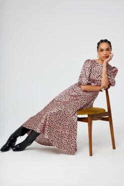 Women Scamp & Dude Pink and Gold Foil Spot Cheetah Puff Sleeve Midi Dress