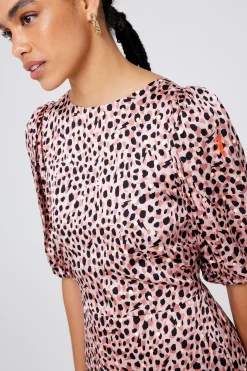 Women Scamp & Dude Pink and Gold Foil Spot Cheetah Puff Sleeve Midi Dress