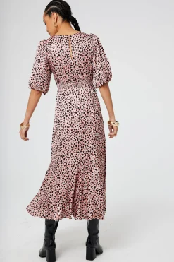 Women Scamp & Dude Pink and Gold Foil Spot Cheetah Puff Sleeve Midi Dress