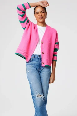 Women Scamp & Dude Pink and Green Stripe Cardigan