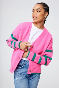 Women Scamp & Dude Pink and Green Stripe Cardigan
