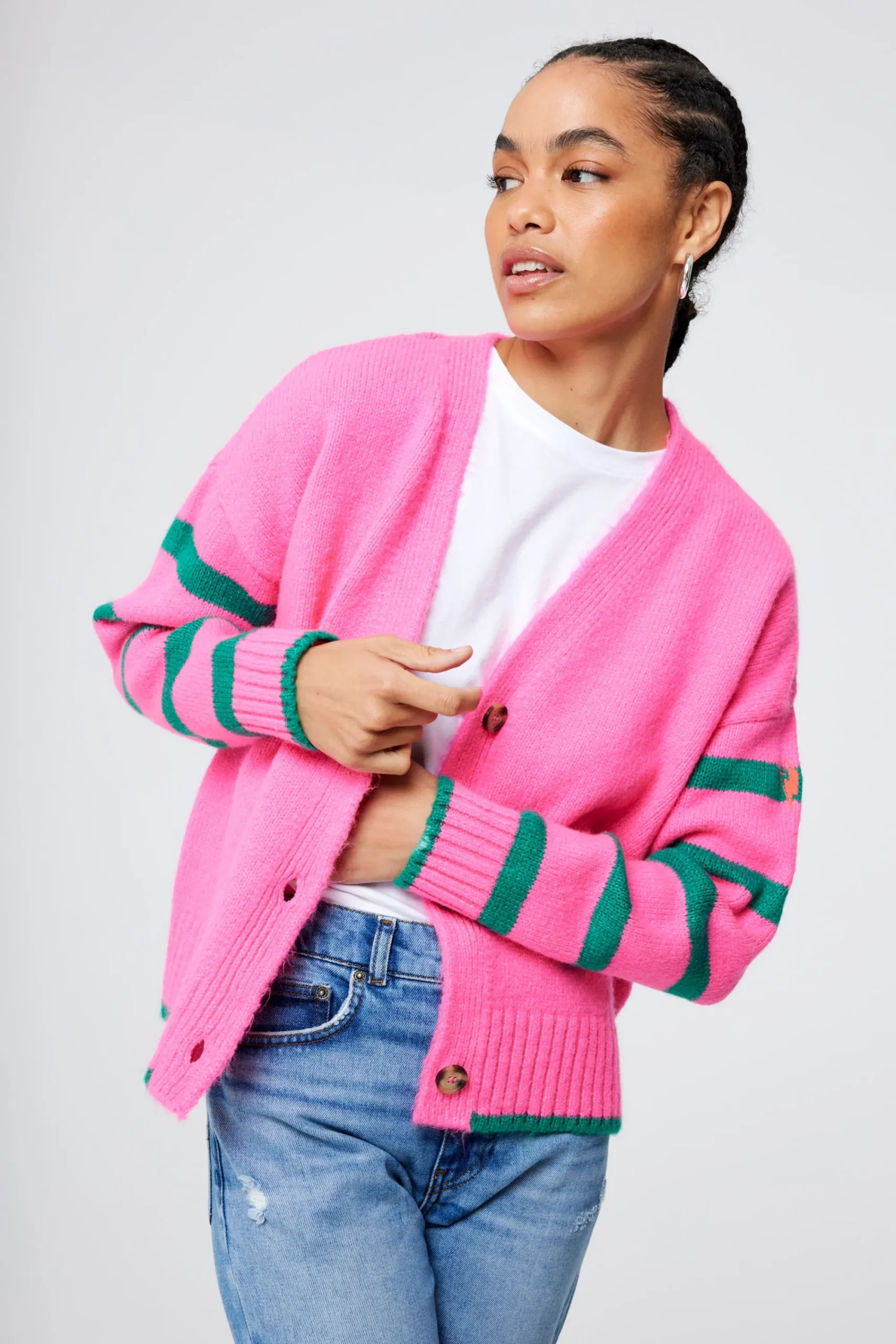 Women Scamp & Dude Pink and Green Stripe Cardigan