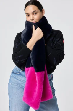 Women Scamp & Dude Pink and Navy Colour Block Faux Fur Scarf
