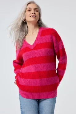 Women Scamp & Dude Pink and Red Stripe V Neck Knit Jumper