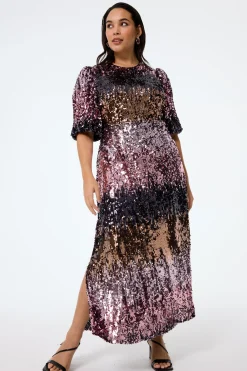Women Scamp & Dude Pink Ombre Sequin Puff Sleeve Midi Dress