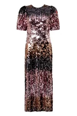 Women Scamp & Dude Pink Ombre Sequin Puff Sleeve Midi Dress