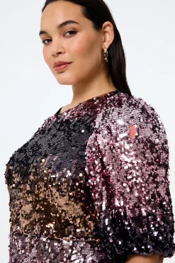 Women Scamp & Dude Pink Ombre Sequin Puff Sleeve Midi Dress