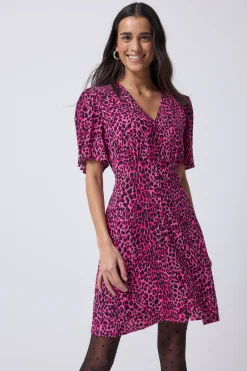 Women Scamp & Dude Pink with Black Leopard Angel Sleeve Short Tea Dress