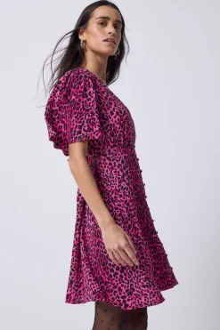 Women Scamp & Dude Pink with Black Leopard Angel Sleeve Short Tea Dress