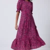 Women Scamp & Dude Pink with Black Leopard Flute Sleeve Midi Dress