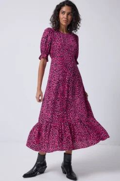 Women Scamp & Dude Pink with Black Leopard Flute Sleeve Midi Dress