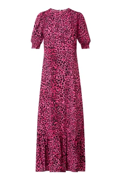 Women Scamp & Dude Pink with Black Leopard Flute Sleeve Midi Dress