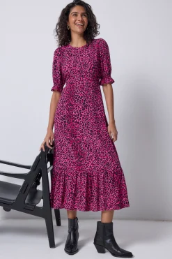 Women Scamp & Dude Pink with Black Leopard Flute Sleeve Midi Dress