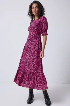 Women Scamp & Dude Pink with Black Leopard Flute Sleeve Midi Dress