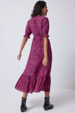 Women Scamp & Dude Pink with Black Leopard Flute Sleeve Midi Dress