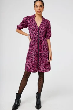 Women Scamp & Dude Pink with Black Wild Leopard Zip Detail Tiered Short Dress