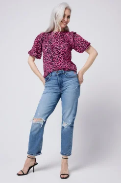 Women Scamp & Dude Pink with Black Wild Leopard Puff Sleeve T-Shirt