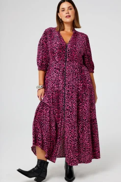 Women Scamp & Dude Pink with Black Wild Leopard Zip Detail Tiered Midi Dress