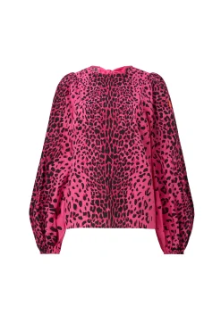 Women Scamp & Dude Pink with Black Wild Leopard Blouson Sleeve Top