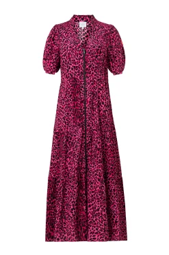 Women Scamp & Dude Pink with Black Wild Leopard Zip Detail Tiered Midi Dress