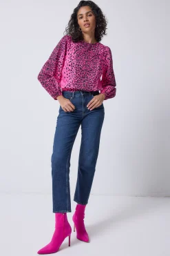 Women Scamp & Dude Pink with Black Wild Leopard Blouson Sleeve Top
