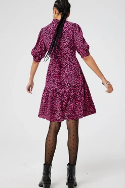 Women Scamp & Dude Pink with Black Wild Leopard Zip Detail Tiered Short Dress