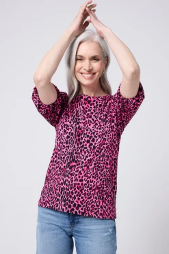 Women Scamp & Dude Pink with Black Wild Leopard Puff Sleeve T-Shirt